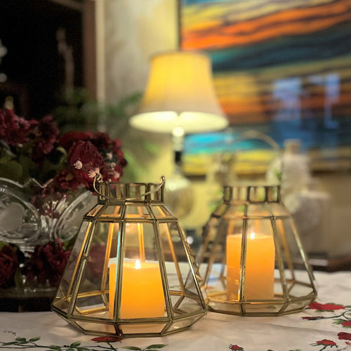 Handcrafted gold glass lantern with brass frame, decorative Diwali lantern for candles and festive home décor