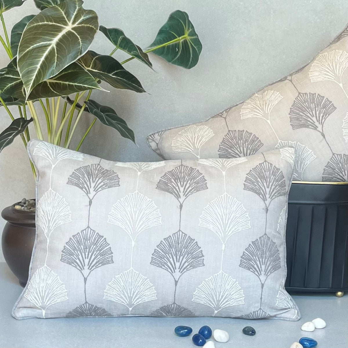 Grey & White Embroidery Cushion Cover 12 x 18 – alternate angle | INARA