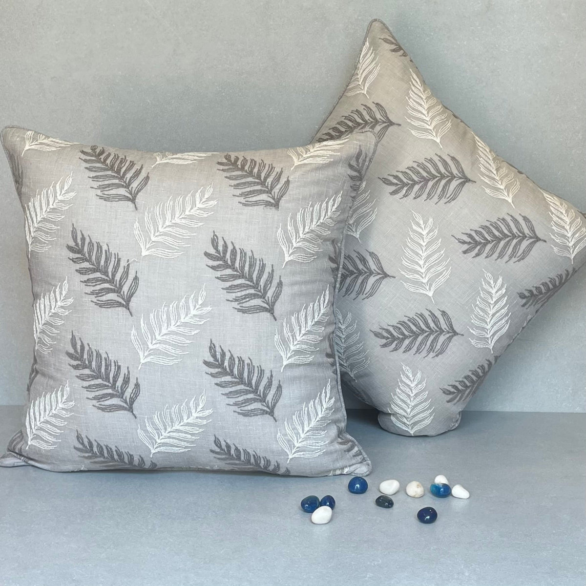 Grey & White Leaf Cushion Cover 18 x 18 – alternate angle | INARA