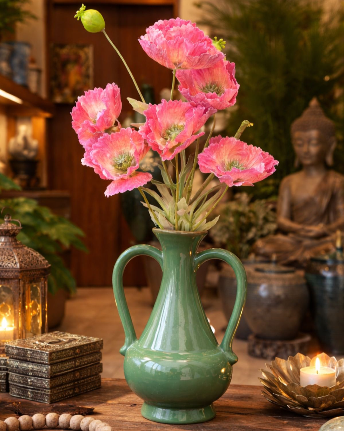 Emerald Crest Ceramic Vase With Handles
